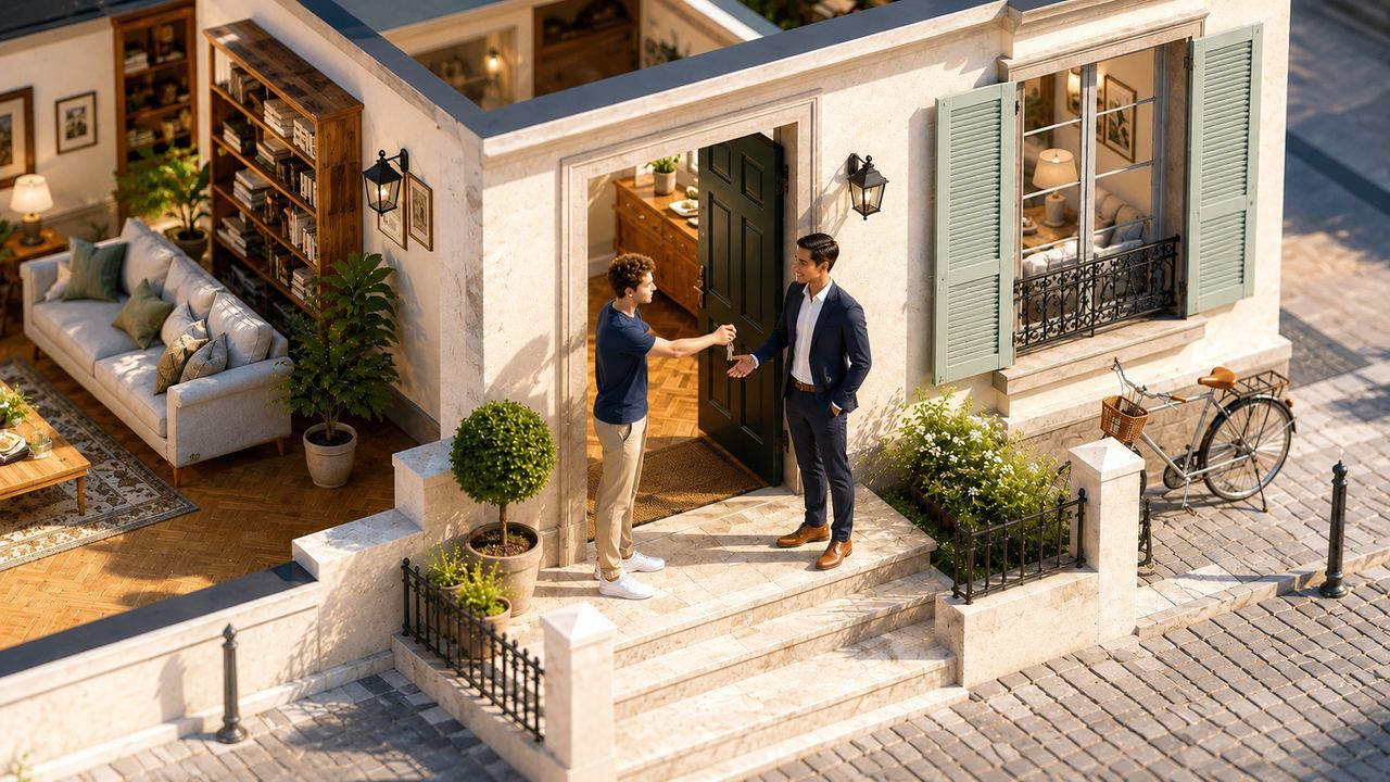 Vue en coupe d'un appartement orléanais meublé, où un gestionnaire Rise Conciergerie remet les clés à un voyageur devant la porte d'entrée
