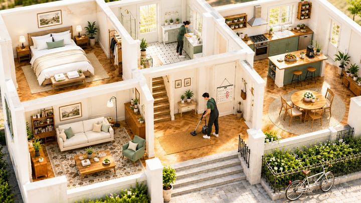 Vue en coupe d'un logement entier pendant la remise en état : ménage du séjour et nettoyage de la salle de bain entre deux séjours