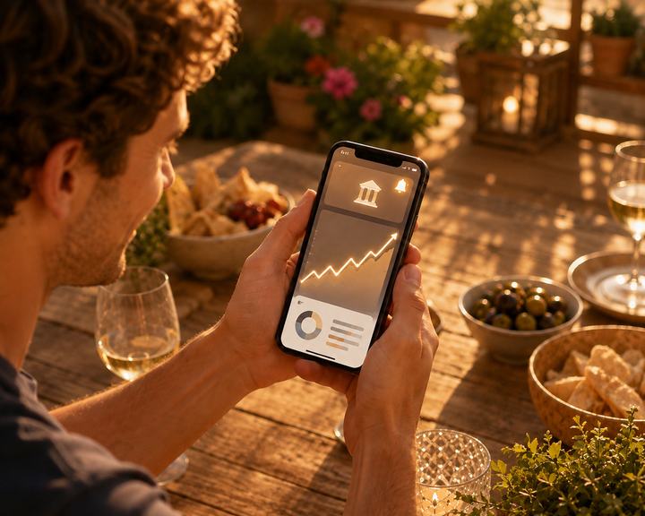 Propriétaire consultant le suivi des revenus de sa location sur son téléphone, attablé en terrasse